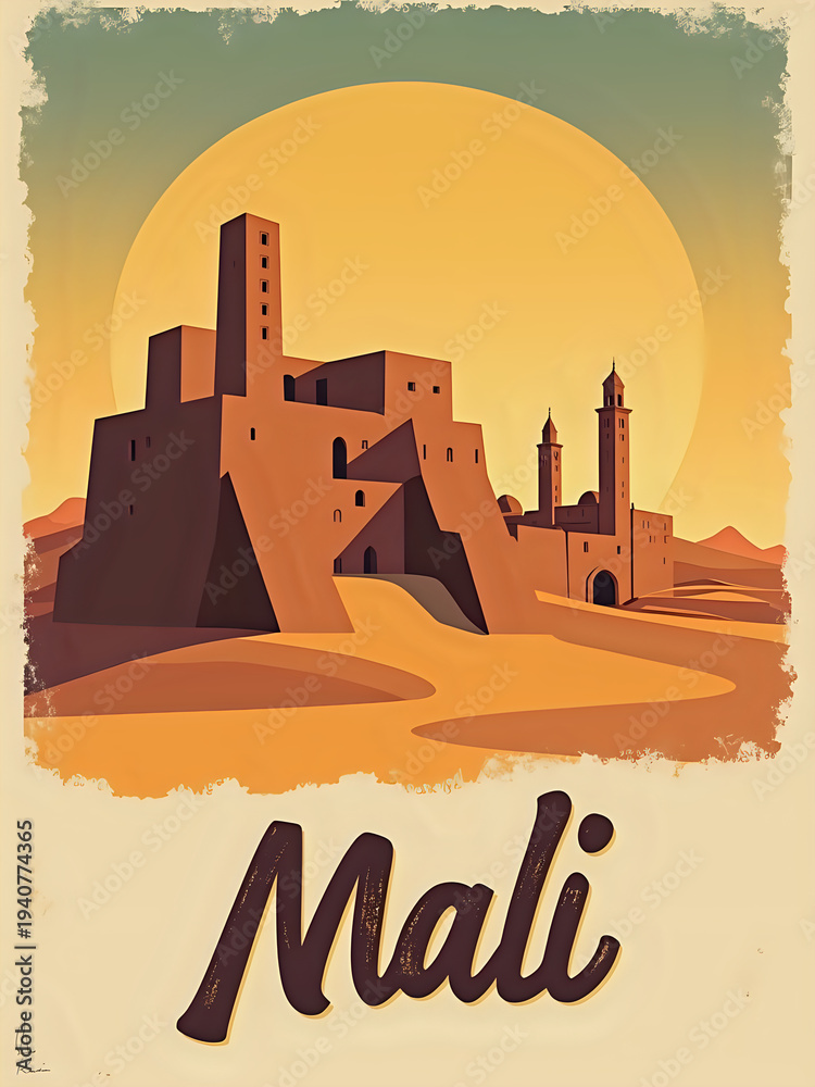 The scene shows a large building made of earth tones in Mali. It features towers and walls. The sun sets behind it, casting a warm light. The landscape is simple with sandy ground.