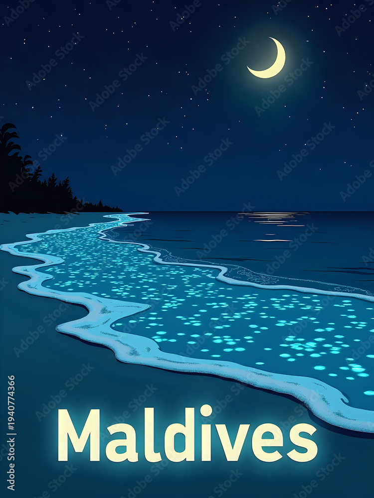 The scene shows the coastline of Maldives at night. The beach is lit by glowing water under a bright moon and stars. Palm trees line the shore in the background.