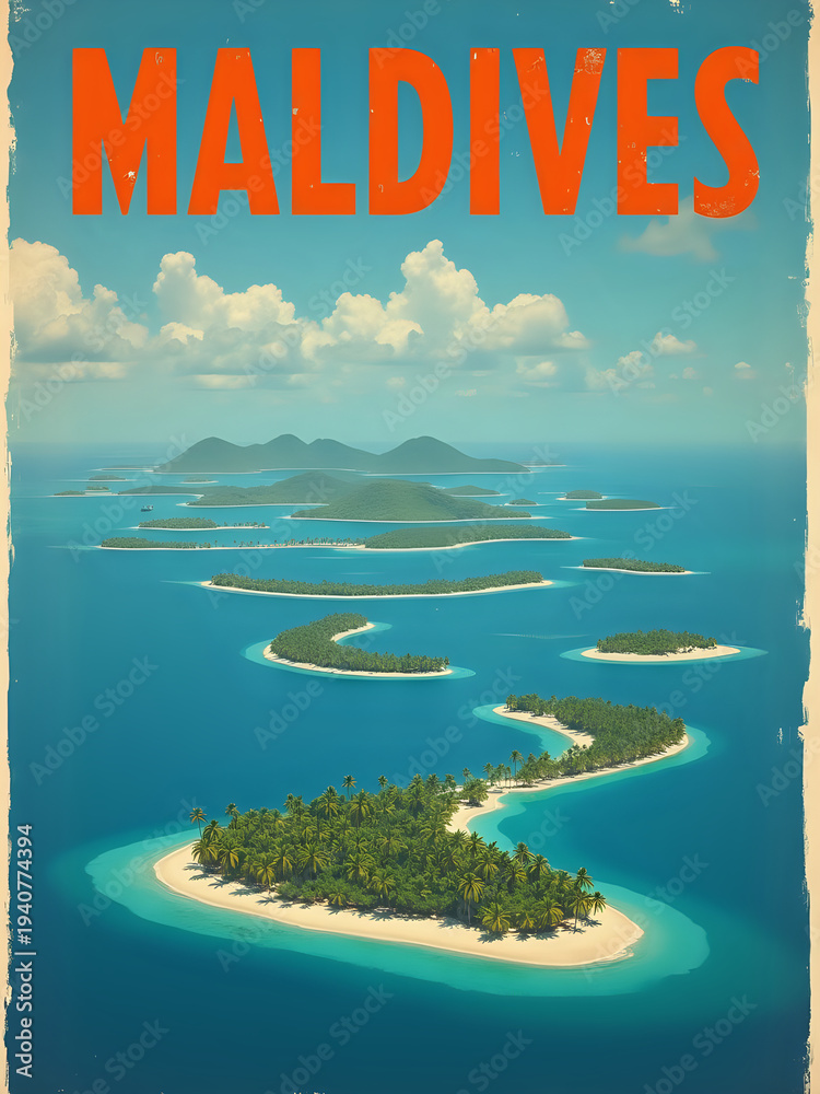 A group of small islands with green trees and white sandy beaches is surrounded by blue water under a clear sky. Sunlight reflects on the surface as waves gently lap at the shore.