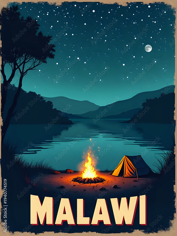 A group is camping by a lake at night in Malawi. There is a tent set up near a fire. The sky is full of stars. Mountains are visible in the distance. The water reflects the moonlight.