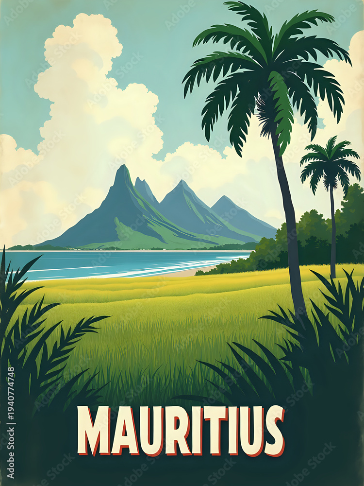 Mountains rise in the background of a beach scene in Mauritius. Green grass and palm trees frame the view. The sky has fluffy clouds and the sea reflects sunlight.