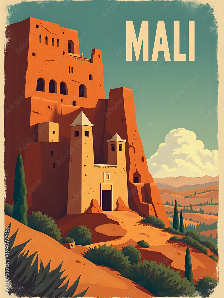 A large stone fort rises on a rocky hill in Mali. The structure shows multiple towers and openings. Green trees surround the base. The sky has clouds and a clear view of distant hills.