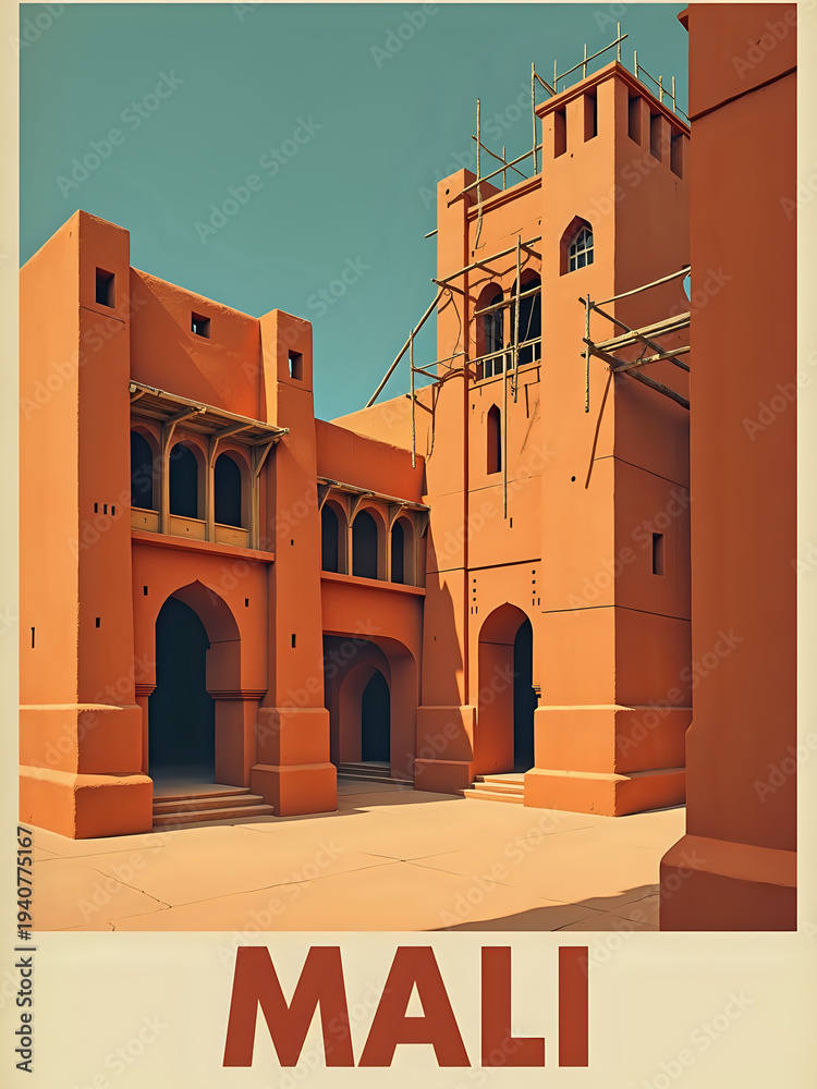 In Mali, a building with distinct architecture is undergoing restoration. Scaffolding is set up around the structure. The clear blue sky adds to the bright scene. Workers are focused on their tasks.