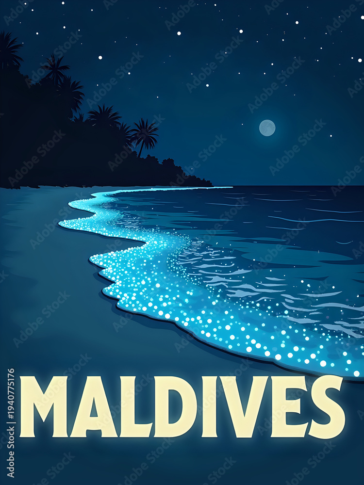 A beach in the Maldives shows waves meeting the shore under a night sky. The moon shines bright while stars are visible. Palm trees line the beach creating a tropical setting.