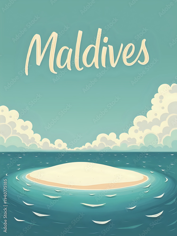 A small sandy island sits in clear blue water. Light waves move gently around the island. Clouds are visible in the sky above. The scene shows a relaxing coastal setting in Maldives.