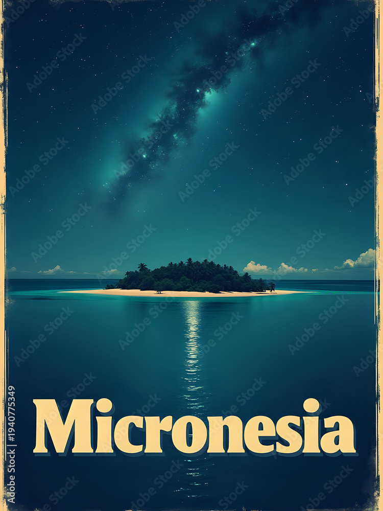 The scene shows a small island in Micronesia beneath a sky filled with stars. Calm water surrounds the island. The view captures the beauty of the night and the clear sky.