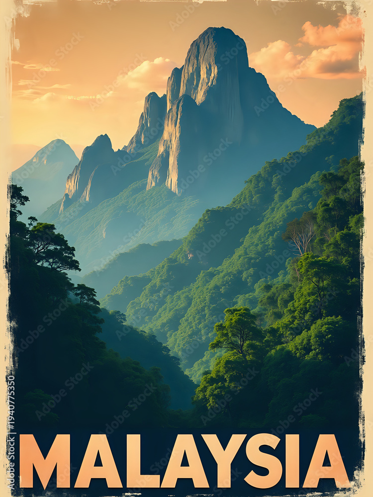 A view of tall mountains in Malaysia is shown, surrounded by dense green forests. The sun sets behind the peaks, creating a warm light over the landscape. The scene is quiet and natural.