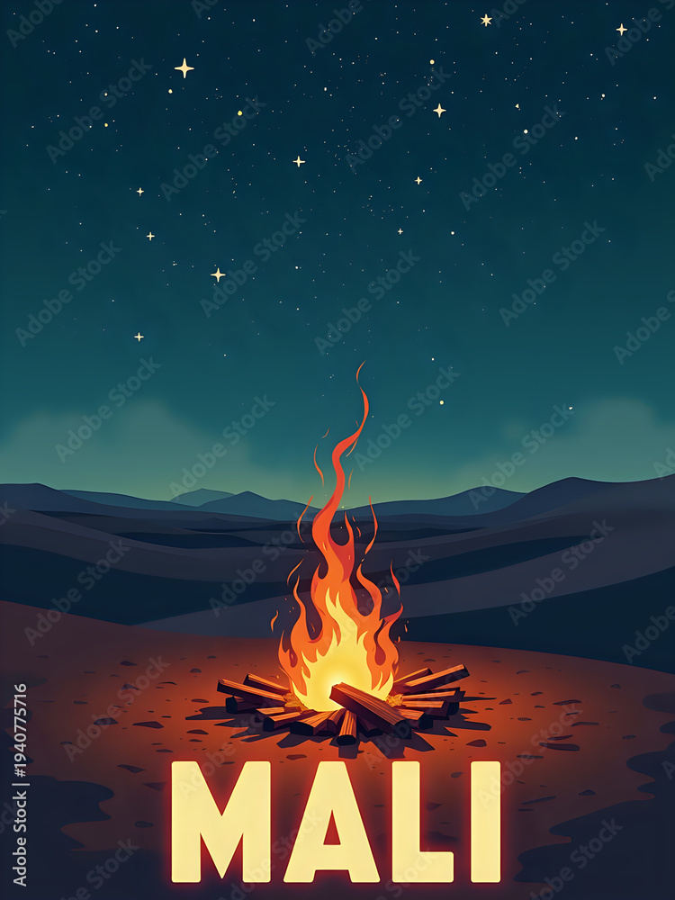 A campfire burns in the desert landscape of Mali. The night sky is filled with stars above distant mountains. The scene shows a clear view of the natural environment and the fire.