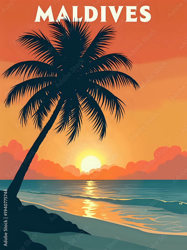 A palm tree stands tall by the beach as the sun sets in the Maldives. The sky is filled with orange and pink hues. Waves gently lap against the shore. The scene captures a moment of evening beauty.