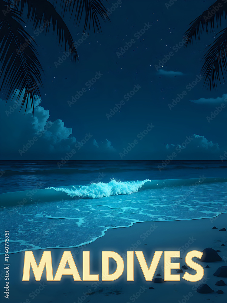 The location shows the ocean shoreline during night. Waves crash gently on the sandy beach. Palm trees are in the background. Stars fill the dark sky over the water.