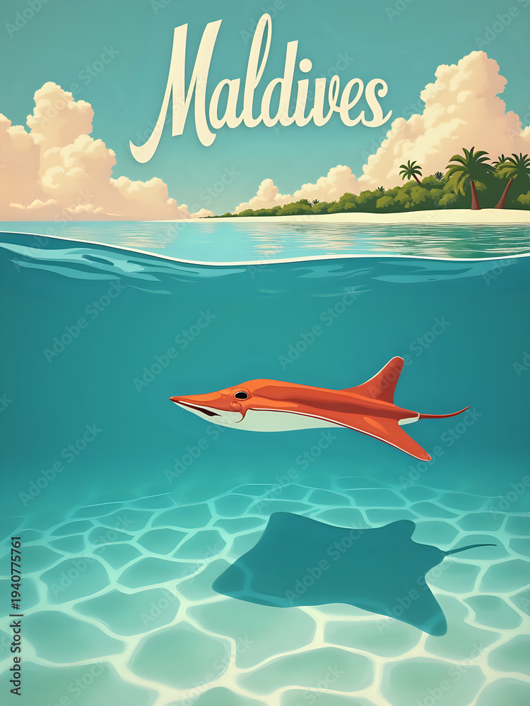 A fish swims through clear water in the Maldives. Sunlight shines down, creating patterns on the sea floor. Islands and clouds are in the background, adding to the tropical view.