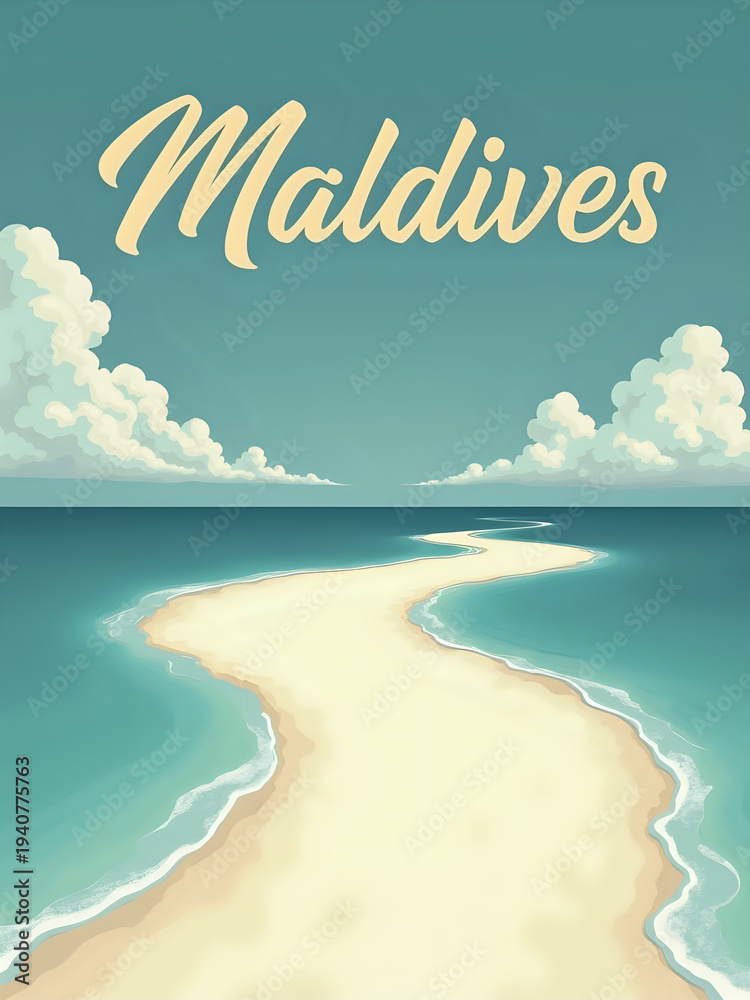 A sandy path stretches through clear water leading to the horizon. Soft clouds float above in the sky. This scene shows the tropical beauty of Maldives, inviting visitors to enjoy the views.