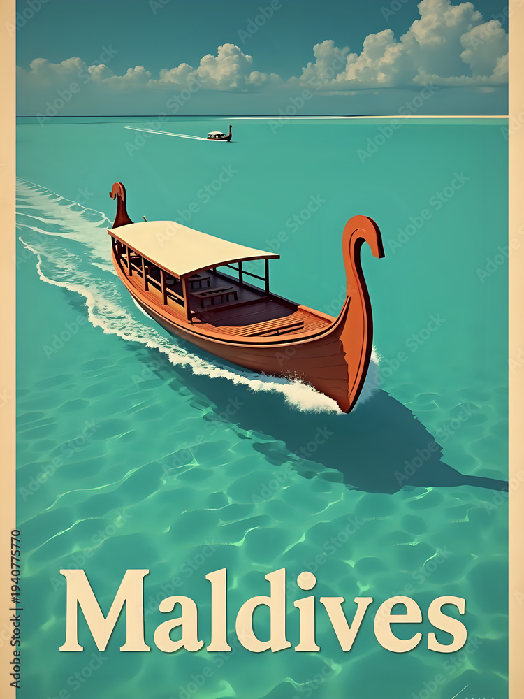 A wooden boat with a long shape moves through blue waters in the Maldives. The sky is bright, with a few clouds. Another boat is seen in the distance. This scene shows travel and adventure.