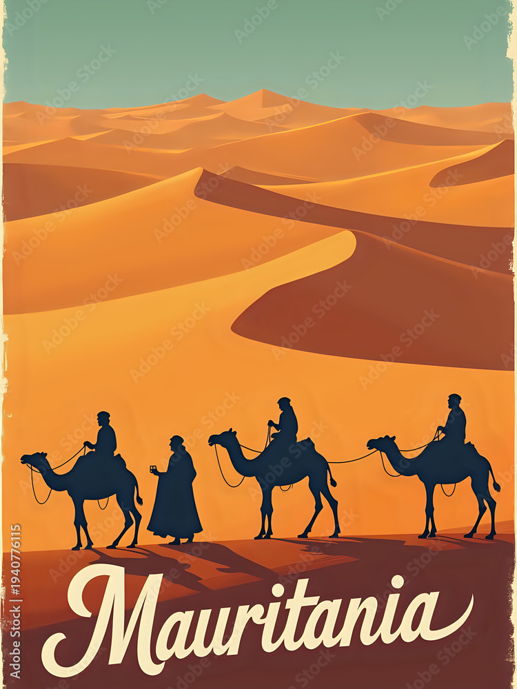 Three people ride camels across the dunes of a desert in Mauritania. The sun sets in the background, casting shadows on the sand. The travelers appear to be heading toward their destination.