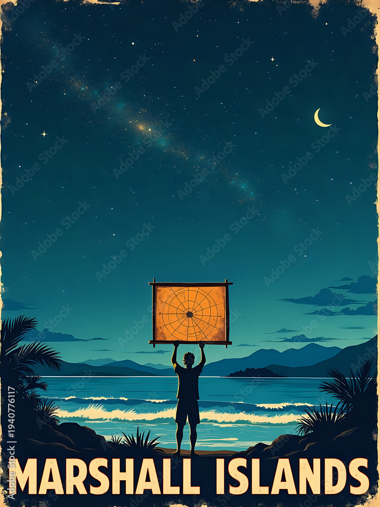 A person stands on a beach in Marshall Islands holding up a star chart against the night sky. The moon shines brightly above, and stars fill the scene. The ocean waves are visible in the background.
