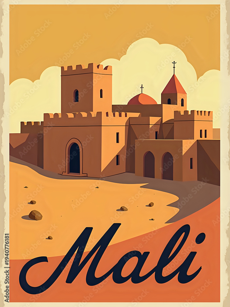 A desert landscape shows a collection of buildings in Mali. The structures have various shapes and designs. The scene is bright with a clear sky and warm colors, highlighting the local culture.