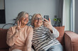 © Daniel - Two happy senior women sitting on the sofa at home taking a selfie together, smiling and enjoying their friendship while using a smartphone, active aging lifestyle and social connection in a cozy room