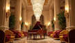 © Pete - Grand piano sits in opulent hotel lobby. Sparkling crystal chandelier hangs overhead. Plush chairs line ornate hall with tall columns. Interior suggests luxury and classic style.