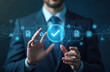 © Pete - Man in suit interacts with digital interface showing approved checkmark. Documents and data flow indicators suggest successful process management and workflow automation.