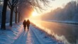 © Viktor - Couple walks on snowy path next to river during golden hour sunset. Winter landscape with trees, frost, ice, and tranquil water reflection. Cold season nature scene.