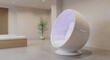 © Mutant - High-tech ergonomic white oval privacy pod or soundproof meditation chair featuring a soft violet glowing internal atmosphere and plush white upholstery in a spacious modern luxury interior designed