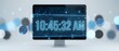 © Yuliia - Modern computer monitor displaying digital clock interface with glowing blue circuit patterns and bokeh light effects for technology presentations.