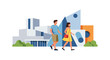 © Afsana - A man and a woman walk past a collection of abstract, angular modern buildings with green bushes on a white background.