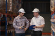 © eakgrungenerd - warehouse professionals wearing safety helmets discussing inventory and logistics operations in storage facility. Workers reviewing shipment data, supply chain management in warehouse aisle.