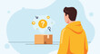 © khafid - Man Considering Package Contents. Online Shopping Decision. Question Mark Concept.