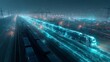 © rinrada - autonomous freight train blockchain network, glowing digital rail grid across futuristic industrial landscape