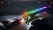 © Adnan - Vibrant rainbow light illuminates violin strings on a dimly lit stage, evoking creativity and passion.