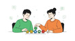 © prisilia - Two people playing a game with colorful emoji and geometric shapes, teamwork and problem solving