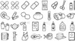 © pixsource - Medical First Aid Kit Supplies Vector Icon Set - Black and White Line Art Illustration