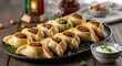 © Fajar - freshly baked middle eastern savory pastries fatayer steaming hot served with a traditional ramadan lantern and dip.