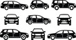 © Lotifa - Car silhouettes collection showing sedan hatchback and SUV vehicles front and side views isolated vector illustration set