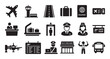 © Maestro - Black silhouette icon collection illustrating essential airport services, travel elements, and professional personnel, perfect for applications in aviation, flight procedures, and global