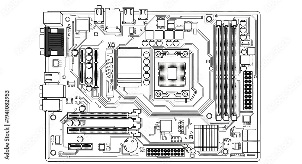 Computer Motherboard Circuit Board Schematic Drawing Stock Vector ...