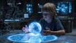 © Lebah - Boy interacts with glowing blue holographic sphere on futuristic table
