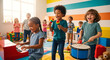 © Hedi - Happy diverse children playing musical instruments and singing in a vibrant classroom