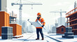 © Sapphire - Construction worker in orange jacket examining blueprint on winter site with cranes and buildings