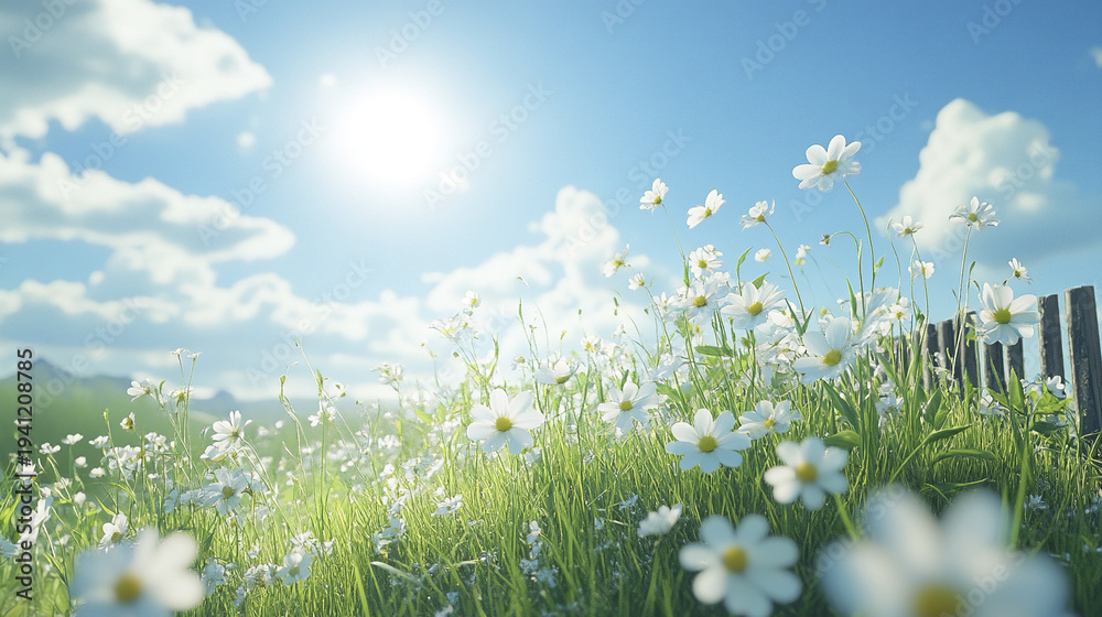 Bright sunny day with white wildflowers blooming in green meadow under ...