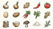 © Renald - A collection of fresh ingredients including vegetables, grains, and spices, artfully illustrated.