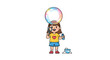 © tasnia - A happy cartoon girl with pigtails wearing a yellow shirt and blue shorts holds a magnifying glass and bubble wand with a large bubble on her head, Generative AI.