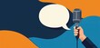 © miss irine - Hand holds retro microphone with empty speech bubble against abstract blue orange background. Concept for broadcasting news podcast or advertising copy space.