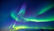 © ernawatima - Brilliant green aurora borealis sweeps across the Arctic night sky above snow-covered mountains, creating a breathtaking display of nature’s glowing light