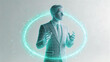 © 沈军 贡 - Futuristic businessman in suit with glowing holographic interface, representing tech, business, and digital innovation. Wireframe design, modern corporate imagery with futuristic elements.