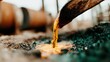 © Pinklife - A close-up of vibrant golden liquid pouring from a shovel into the earth, symbolizing labor and transformation, encapsulating the essence of hard work and the beauty of nature.