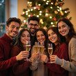 © Vadym - Group of smiling friends toast champagne glasses near decorated Christmas tree. People celebrate festive holiday event together indoors. Joyful man and women enjoy party at home.