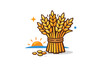 © Coosh448 - Wheat bundle harvest a tied bundle of golden wheat with a few scattered grains and a small rising sun, symbolizing natural crops and wholesome ingredients.