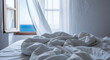 © Olesya - Unmade bed with white crumpled duvet and bedsheet, partial window view of the Mediterranean sea or ocean. Relaxing vacation, summer holiday concept.